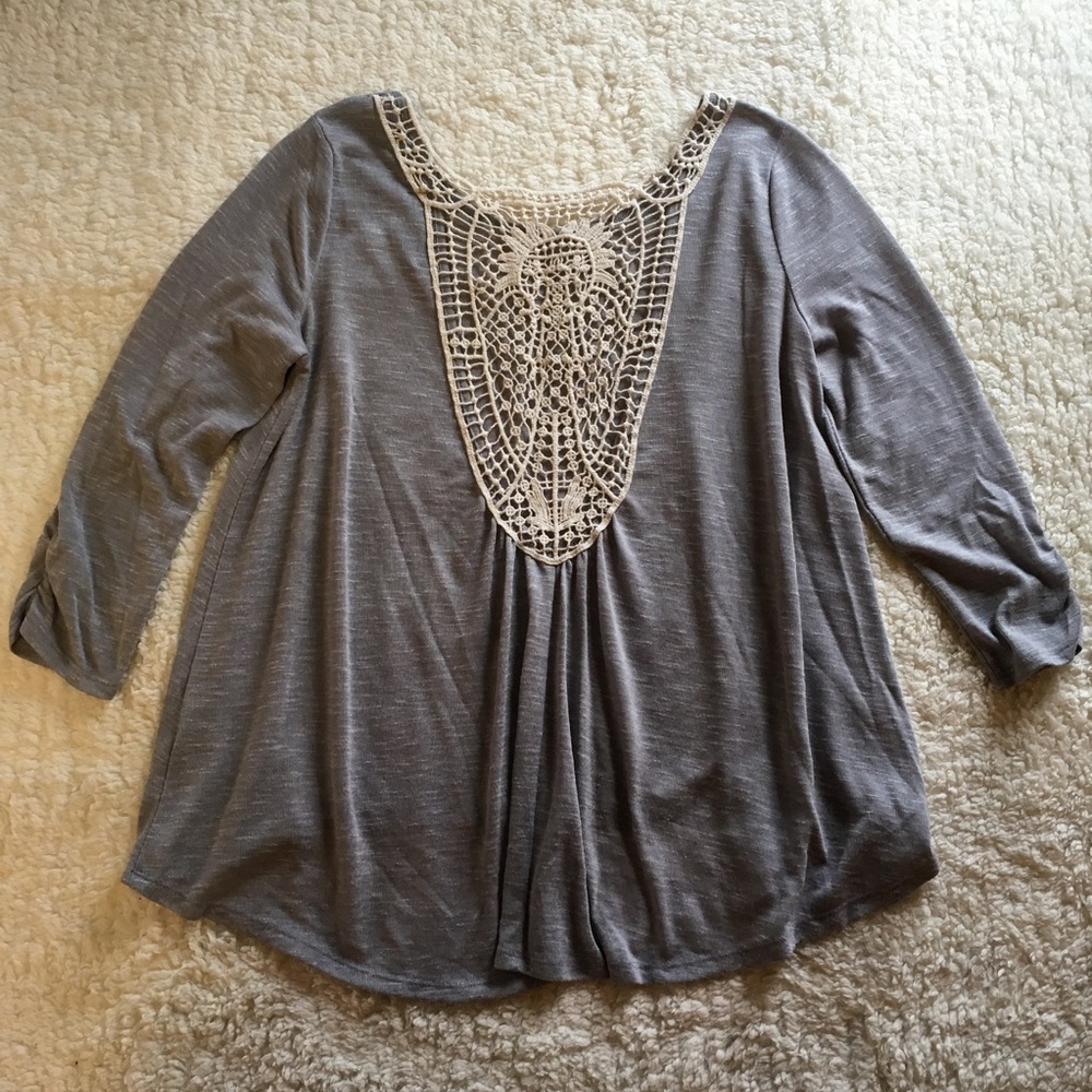 Gray Eyelet Lace Cream Detailing Top Shirt Large
